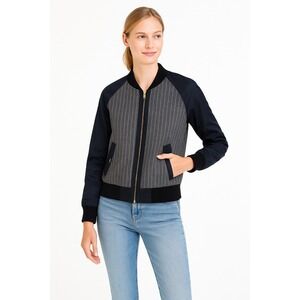 J. Crew Womens Bomber Jacket Small Gray Pinstripe Wool Blend Full Zip‎